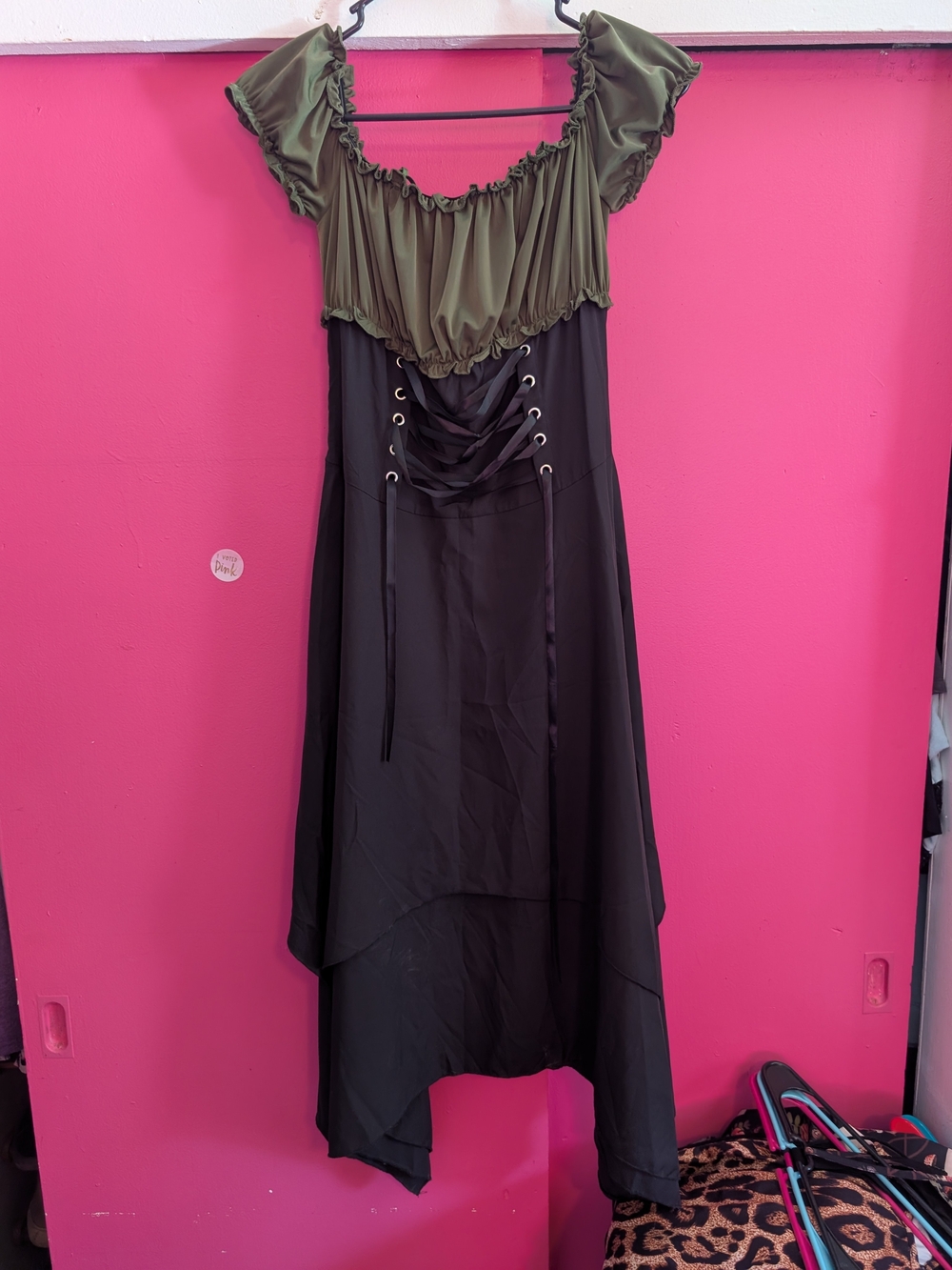 ROMWE Olive and Black Puff-Sleeve Lace-Up Midi Dress